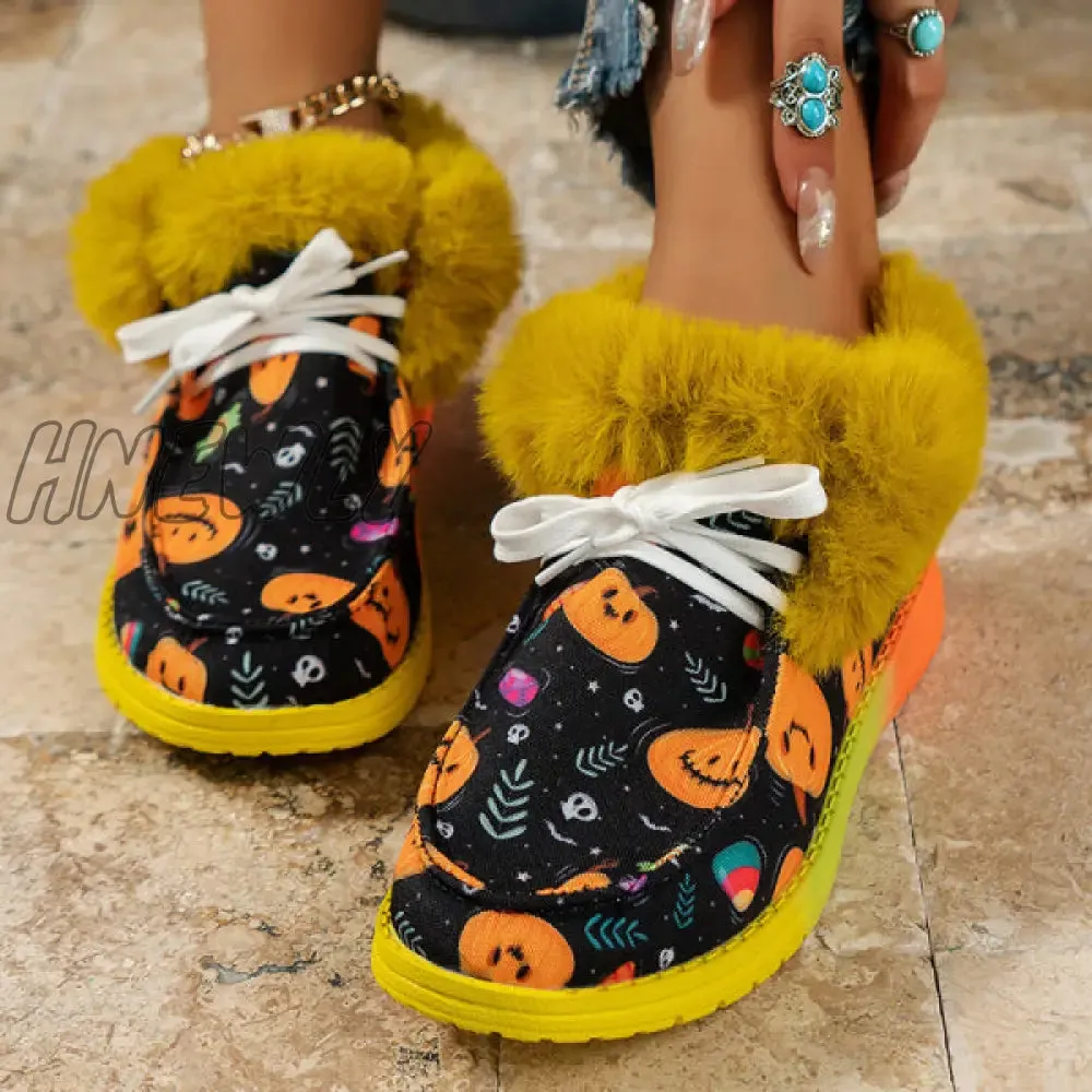 Hnewly - Black Casual Patchwork Frenulum Printing Round Keep Warm Comfortable Out Door Shoes