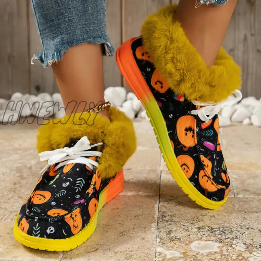 Hnewly - Black Casual Patchwork Frenulum Printing Round Keep Warm Comfortable Out Door Shoes