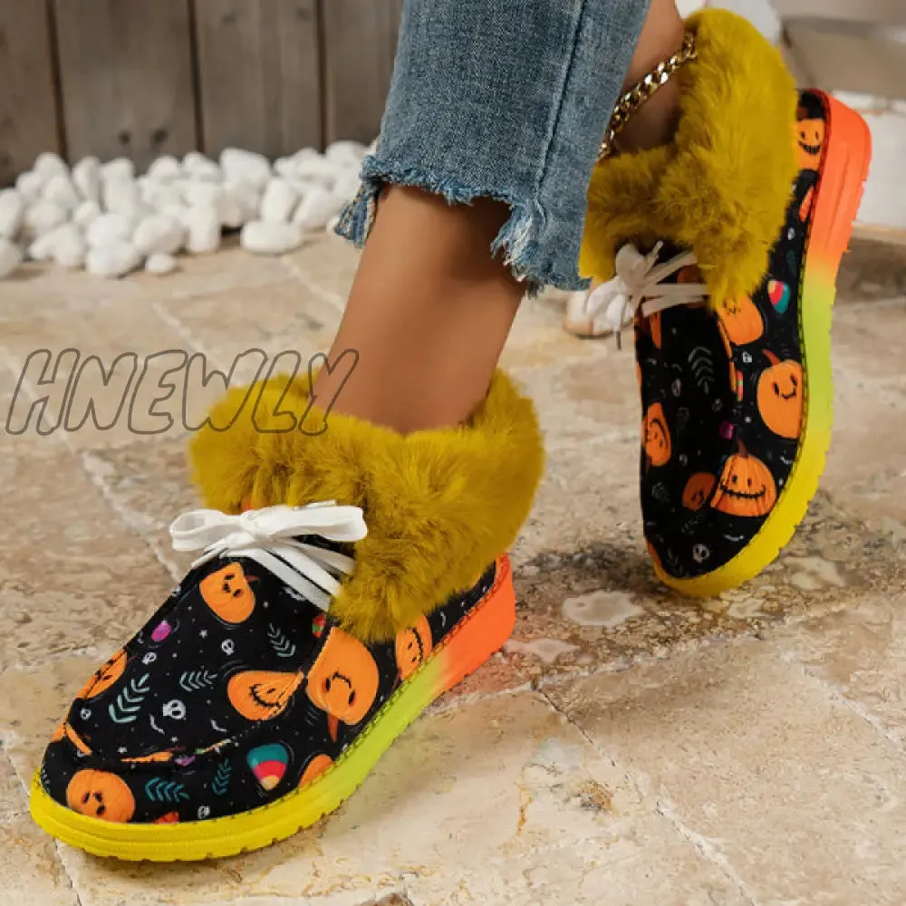 Hnewly - Black Casual Patchwork Frenulum Printing Round Keep Warm Comfortable Out Door Shoes