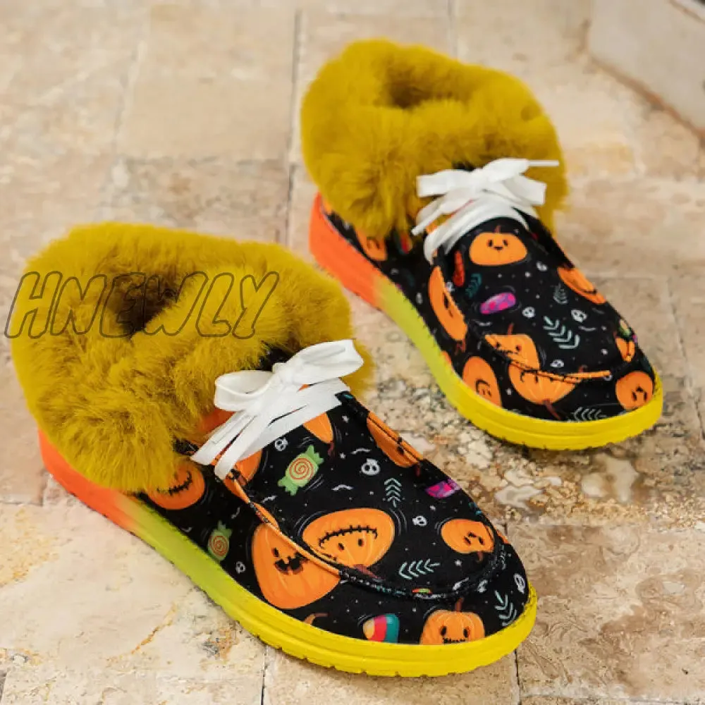 Hnewly - Black Casual Patchwork Frenulum Printing Round Keep Warm Comfortable Out Door Shoes