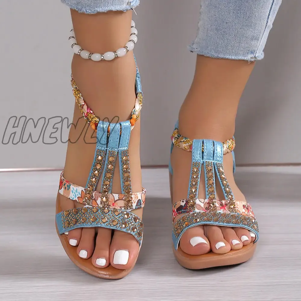 Hnewly - Silver Casual Patchwork Rhinestone Fish Mouth Out Door Wedges Shoes (Heel Height 1.57in)