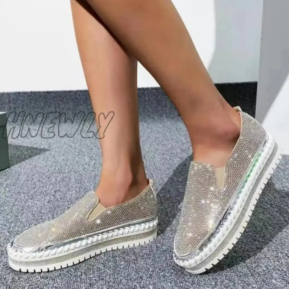 Hnewly - Silver Casual Patchwork Rhinestone Round Comfortable Out Door Flats Shoes