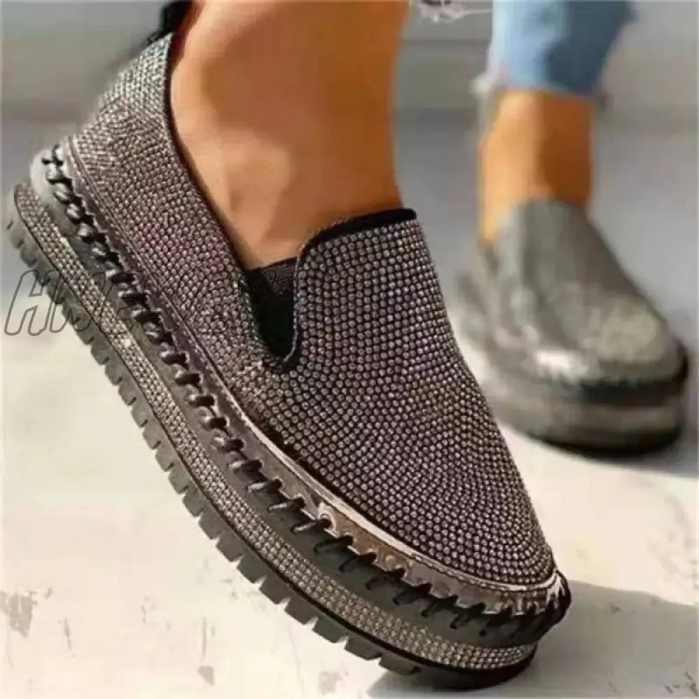 Hnewly - Silver Casual Patchwork Rhinestone Round Comfortable Out Door Flats Shoes