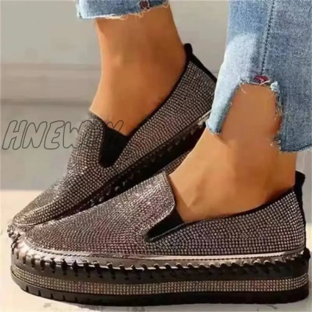 Hnewly - Silver Casual Patchwork Rhinestone Round Comfortable Out Door Flats Shoes