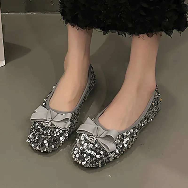 Hnzxzm Bling Flats Bow Women Shoes Shallow Designer Luxury Shoes Summer Dress 2024 New Casual Party Shoes Brand Cozy Zapatillas Female