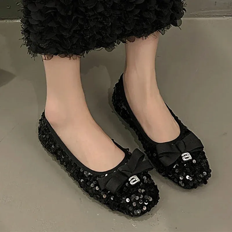 Hnzxzm Bling Flats Bow Women Shoes Shallow Designer Luxury Shoes Summer Dress 2024 New Casual Party Shoes Brand Cozy Zapatillas Female