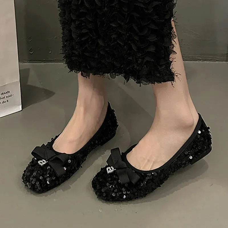 Hnzxzm Bling Flats Bow Women Shoes Shallow Designer Luxury Shoes Summer Dress 2024 New Casual Party Shoes Brand Cozy Zapatillas Female