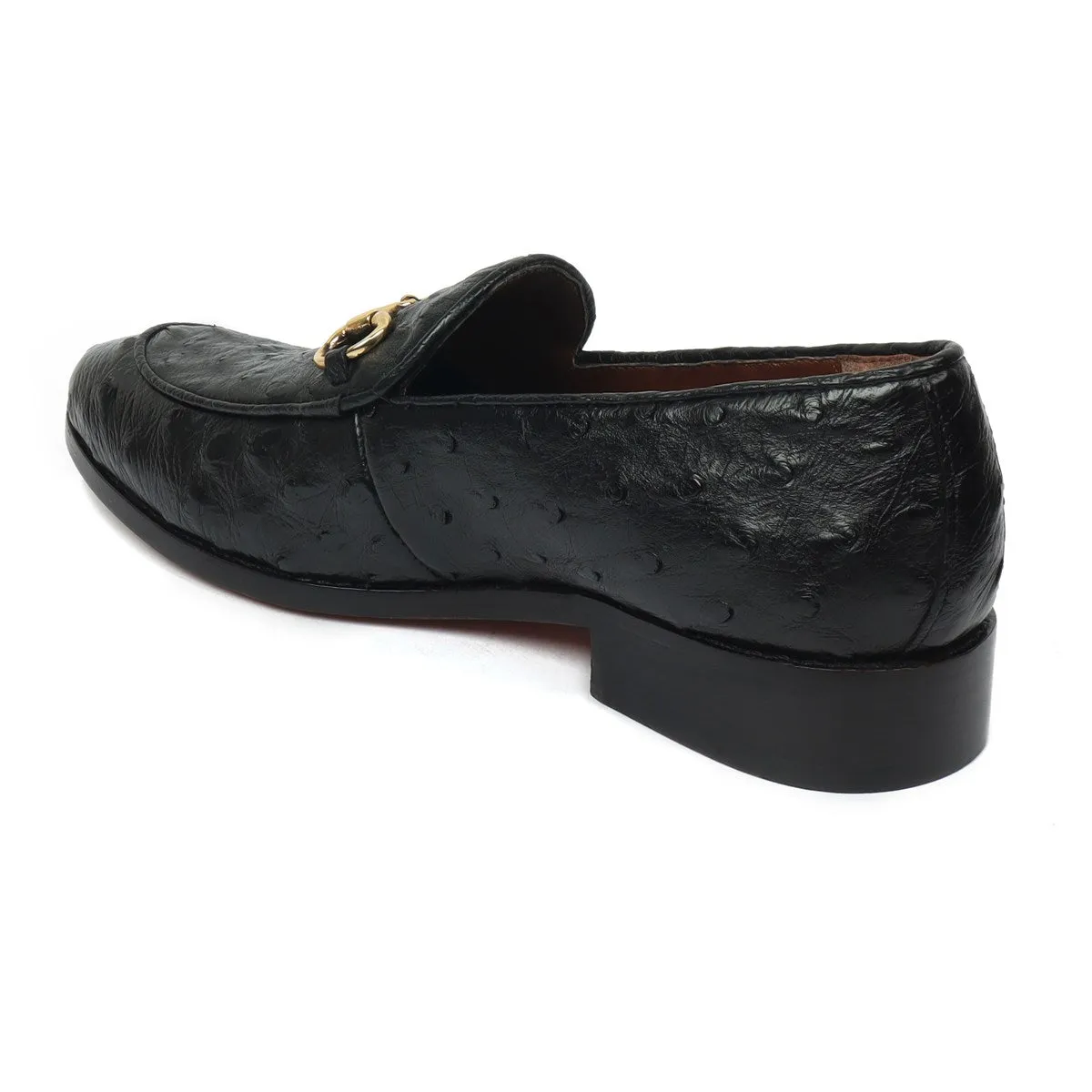 Horse-bit Detailing Apron Toe Slip-Ons Shoes in Black Real Ostrich Leather