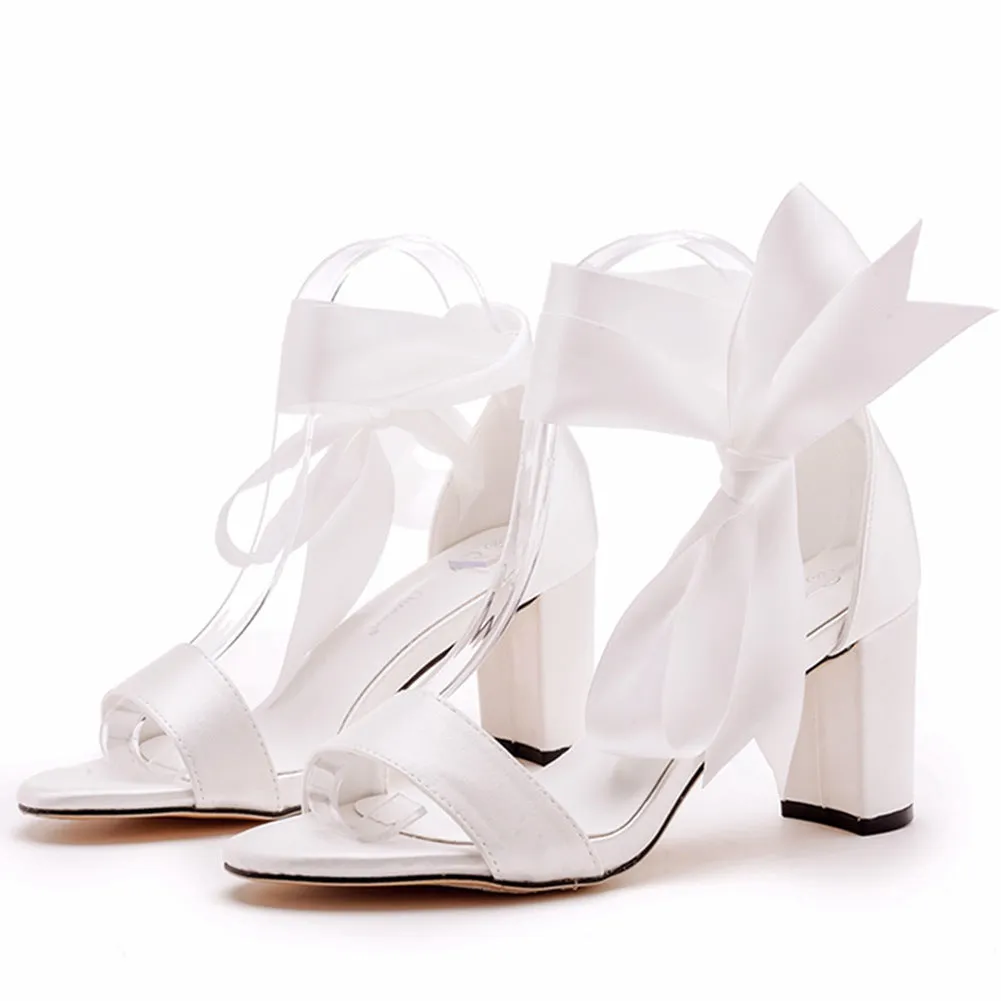 Ivory Satin Tied Open Toe Ankle Strap Chunky Heel Sandals