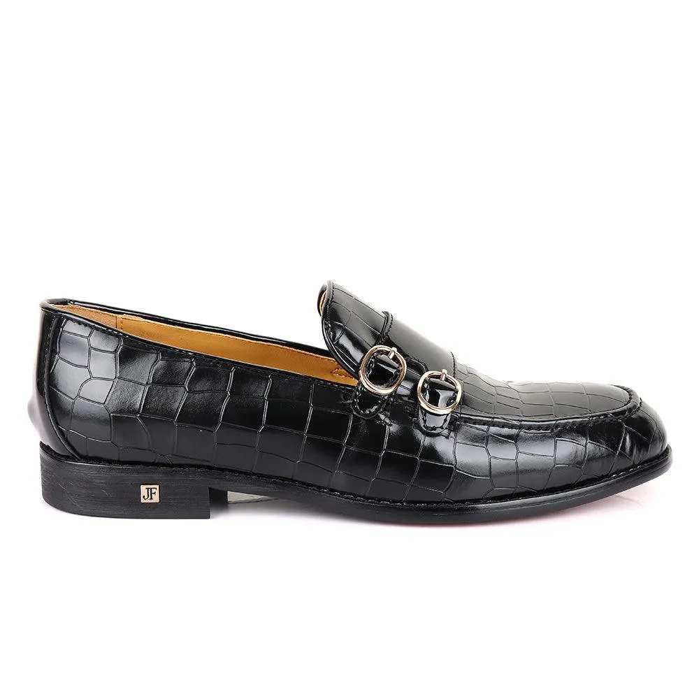 John Foster Bold Full Crocodile Black Leather Double Strap