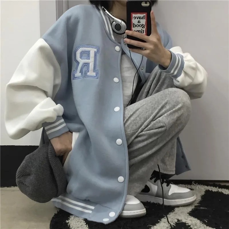 Joskaa Fashion Print Hit Color Baseball Uniform Hip-Hop Streetwear Couple Tops Oversized Jacket Harajuku Campus Style Jacket Women