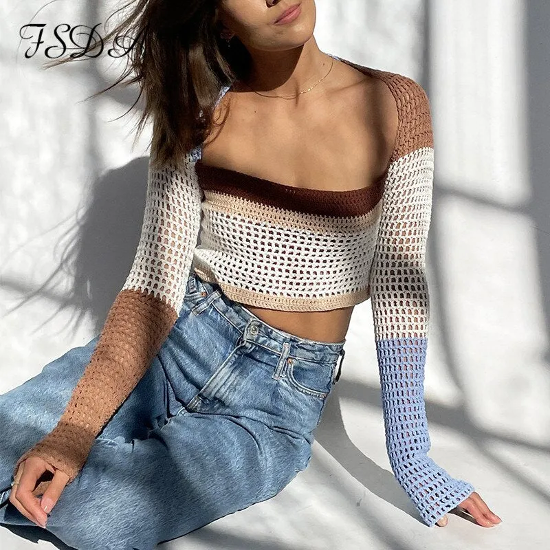 Joskaa Knitted Long Sleeve Crop Top Women Beach Autumn Summer Patchwork Vintage Green Casual T Shirts Sexy Fashion