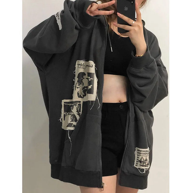 Joskaa Zip Up Hoodie Women Sweatshirt Oversized Hoodies Spring Jacket Retro Coat Goth Harajuku Y2k Aesthetic Clothes Grunge Punk New