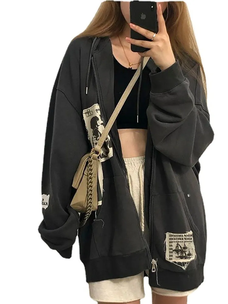 Joskaa Zip Up Hoodie Women Sweatshirt Oversized Hoodies Spring Jacket Retro Coat Goth Harajuku Y2k Aesthetic Clothes Grunge Punk New