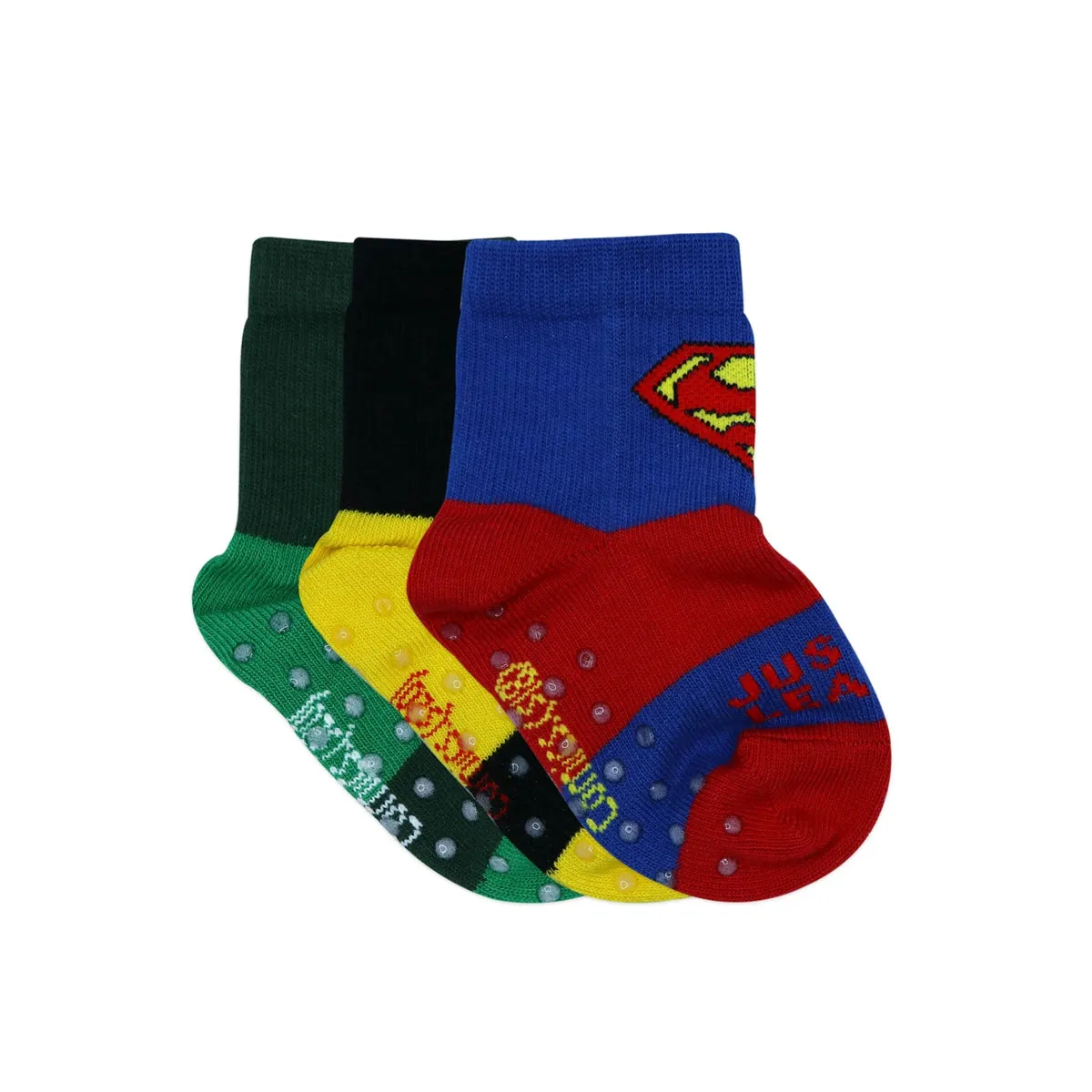 Justice League By Balenzia High Ankle Socks for Kids with Anti-Skid Silicone Technology (Pack Of 3 Pairs/1U)(1-2 Years)(2-3 Years)Superman, Batman, Green Lantern