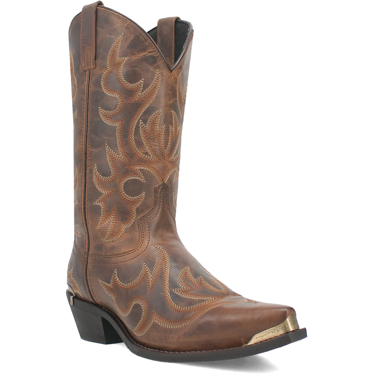 Laredo Men's Tan Jameson Snip Toe Western Boots with Brass Colored Toe & Heel Tips