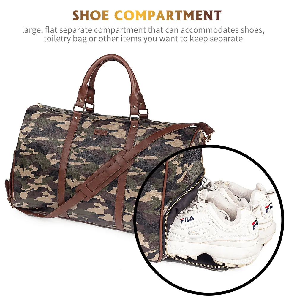 Large Travel Duffle Bag Vegan Leather with Shoe Compartment and Toiletry Bag(camouflage)