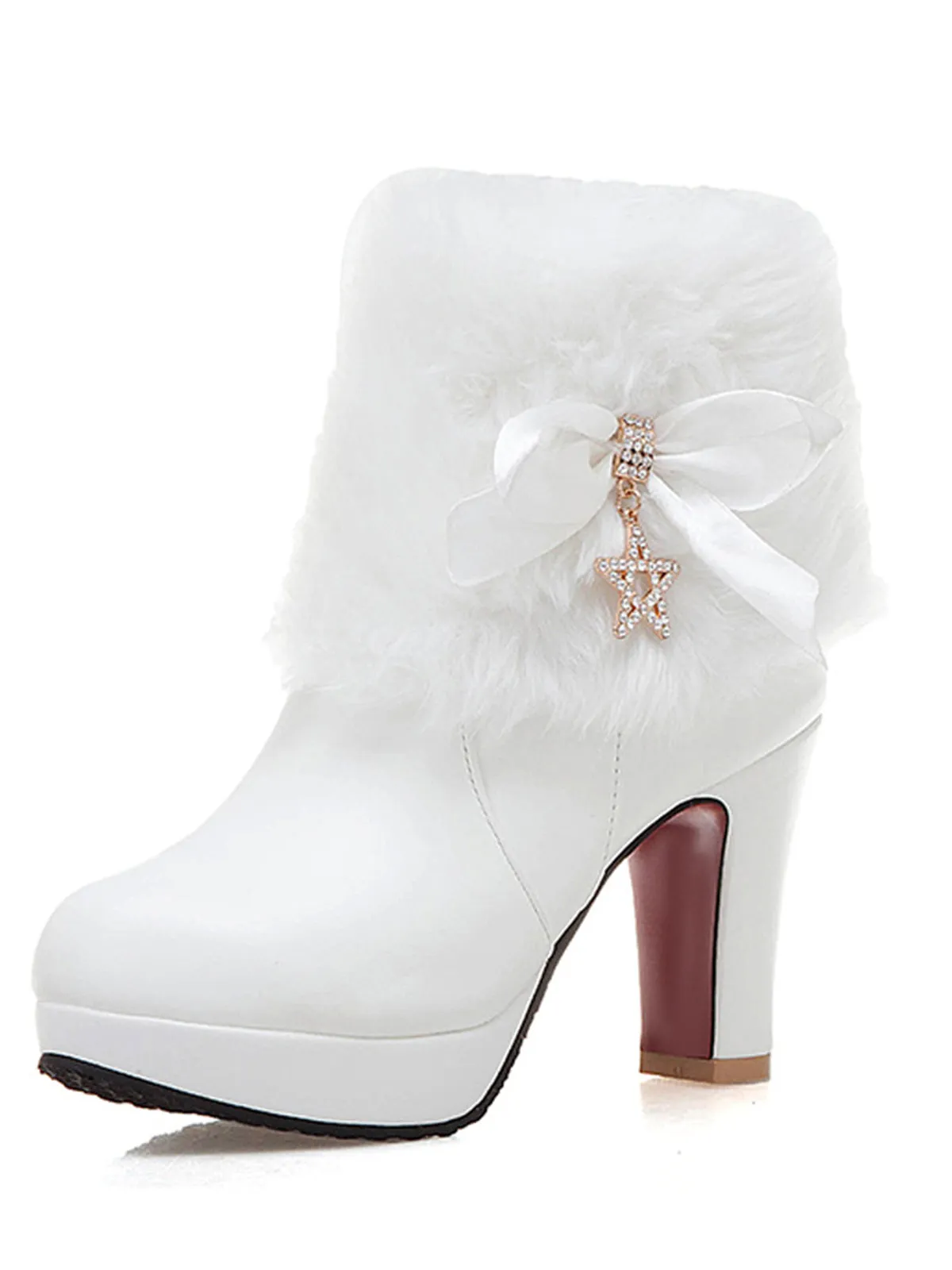 Leather Rhinestone Fur Patchwork High Boots