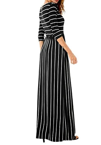 Levaca Women's 3/4 Sleeve Elastic Waist Pockets Striped Flare Casual Maxi Dress