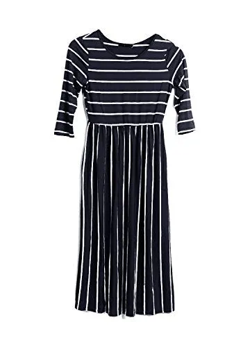 Levaca Women's 3/4 Sleeve Elastic Waist Pockets Striped Flare Casual Maxi Dress