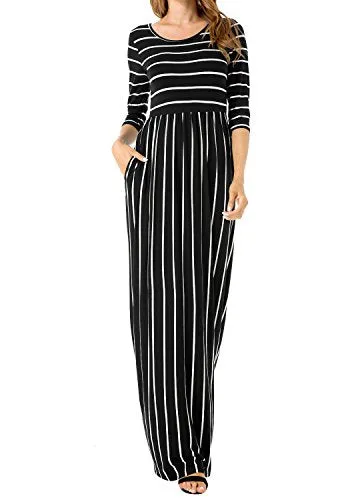 Levaca Women's 3/4 Sleeve Elastic Waist Pockets Striped Flare Casual Maxi Dress