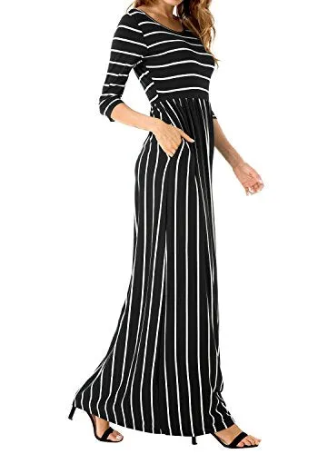 Levaca Women's 3/4 Sleeve Elastic Waist Pockets Striped Flare Casual Maxi Dress