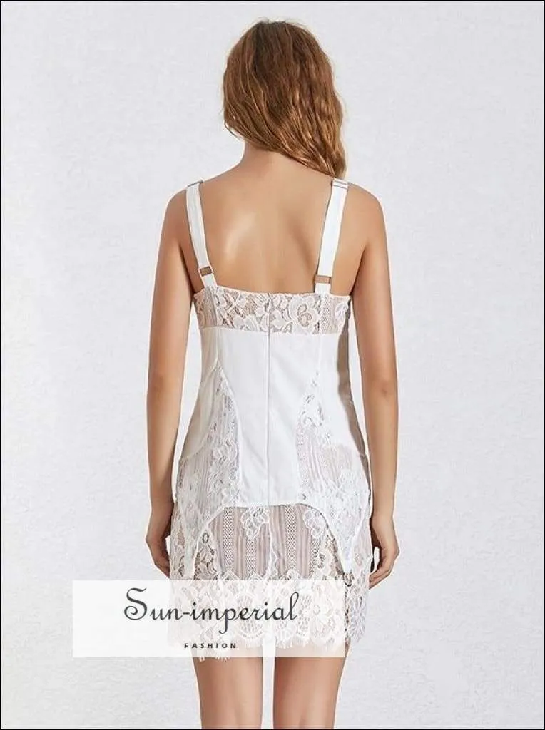 London Dress- - Lace Patchwork Dress for Women off Shoulder Sleeveless High Waist Slim Mini