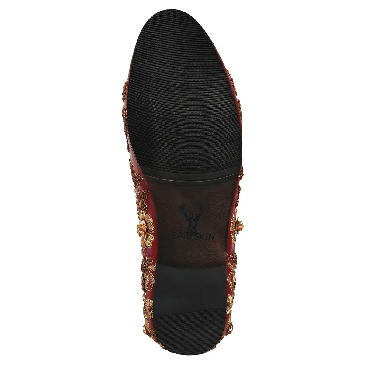 Maroon Leather Flower Design Copper Gold Zardosi Embroidery Slip-On Shoes By Brune & Bareskin