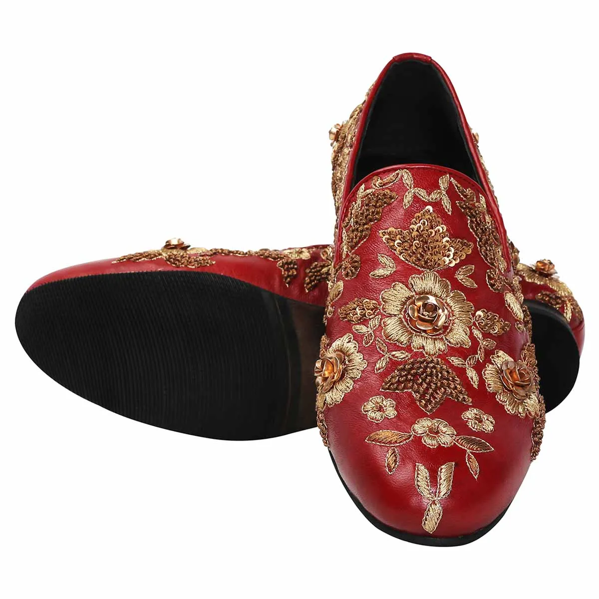 Maroon Leather Flower Design Copper Gold Zardosi Embroidery Slip-On Shoes By Brune & Bareskin