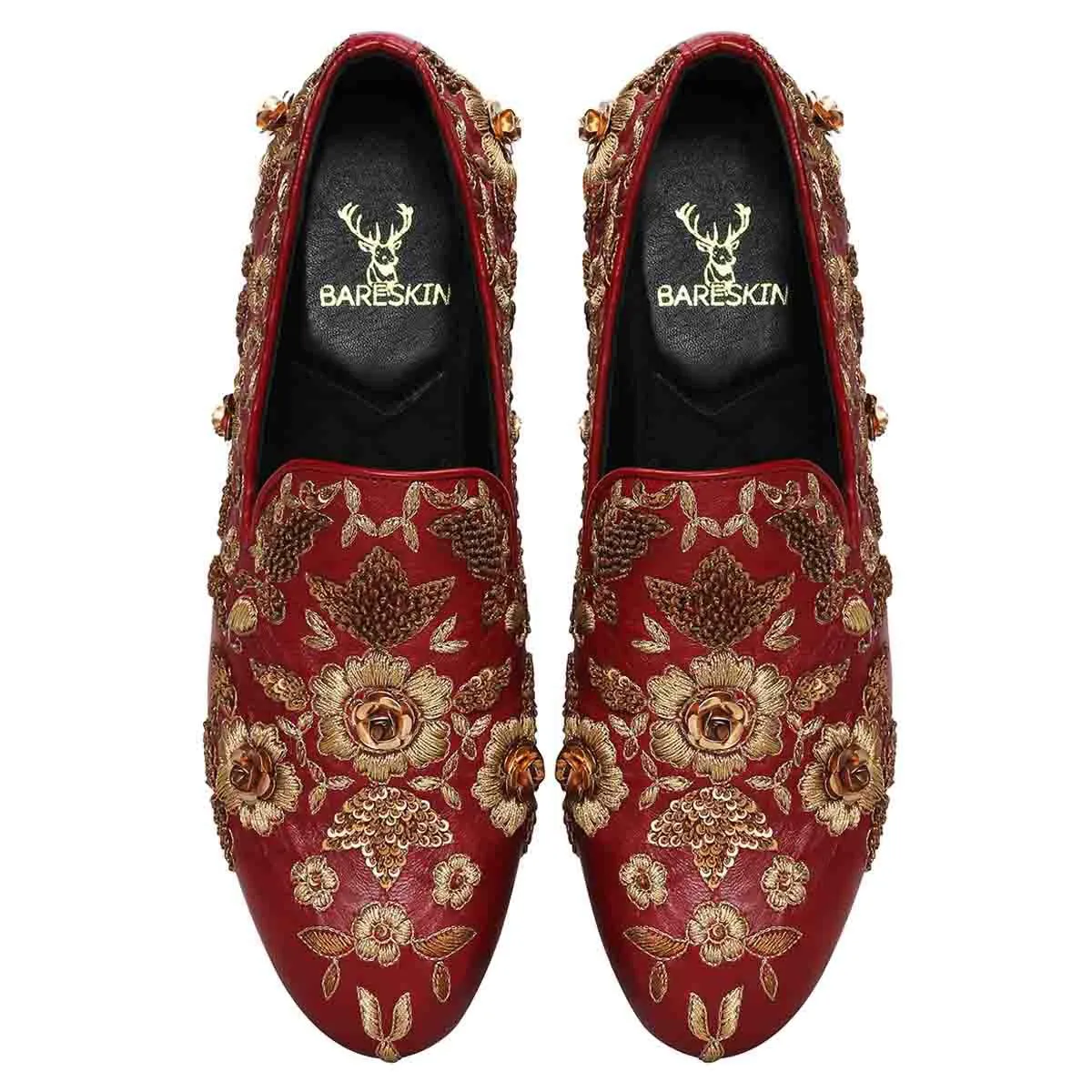 Maroon Leather Flower Design Copper Gold Zardosi Embroidery Slip-On Shoes By Brune & Bareskin