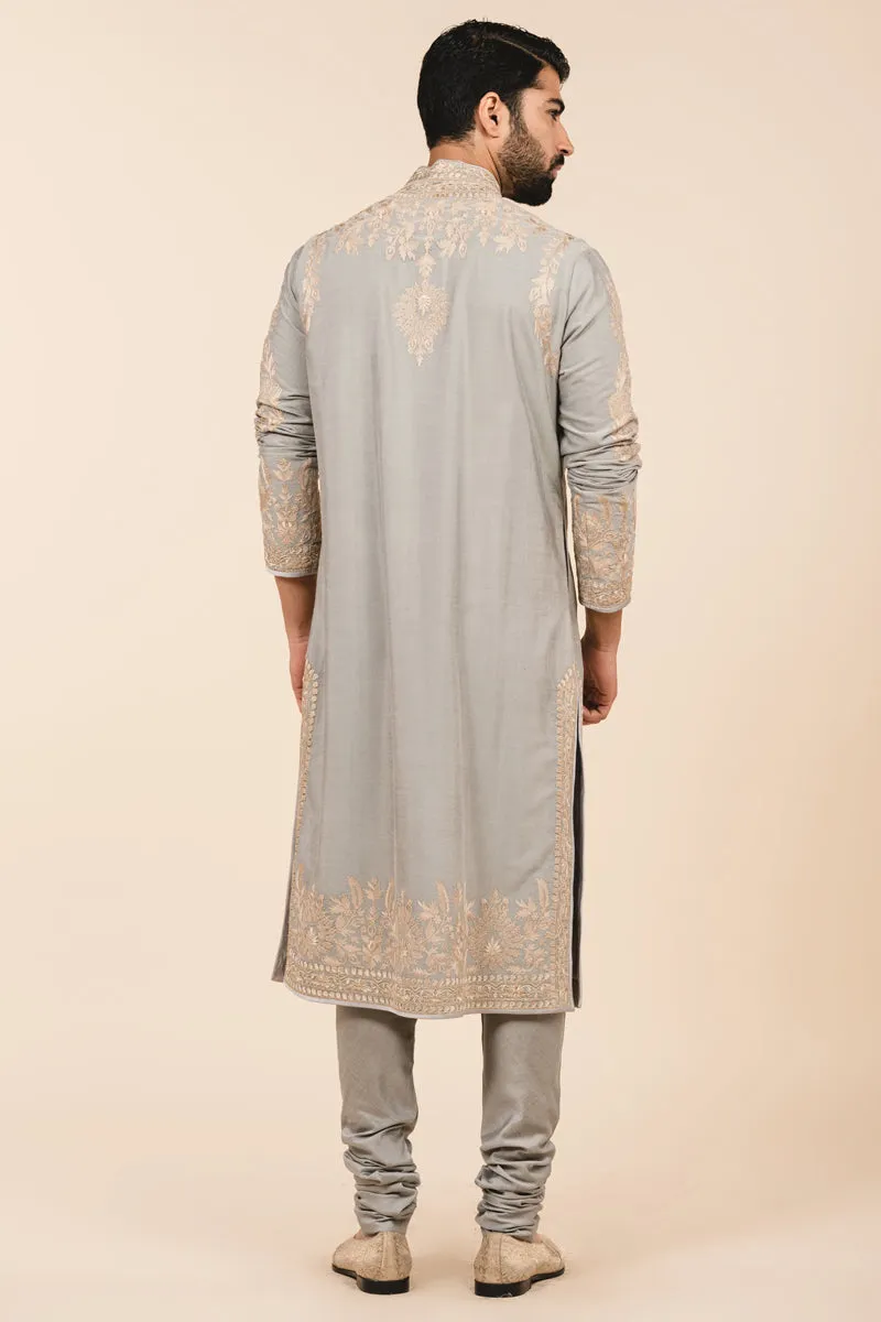 Medium Grey All Over Resham Aari Embroidered Panel Kurta Set