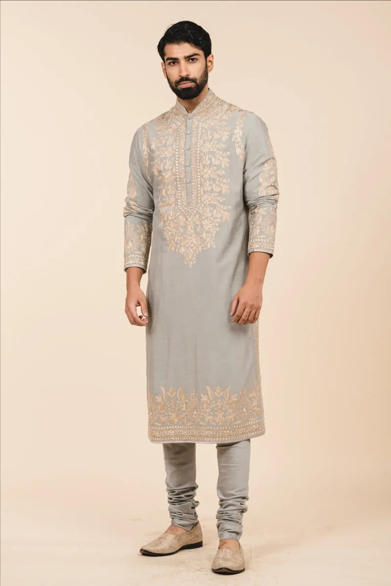 Medium Grey All Over Resham Aari Embroidered Panel Kurta Set