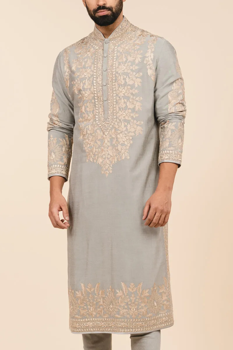 Medium Grey All Over Resham Aari Embroidered Panel Kurta Set