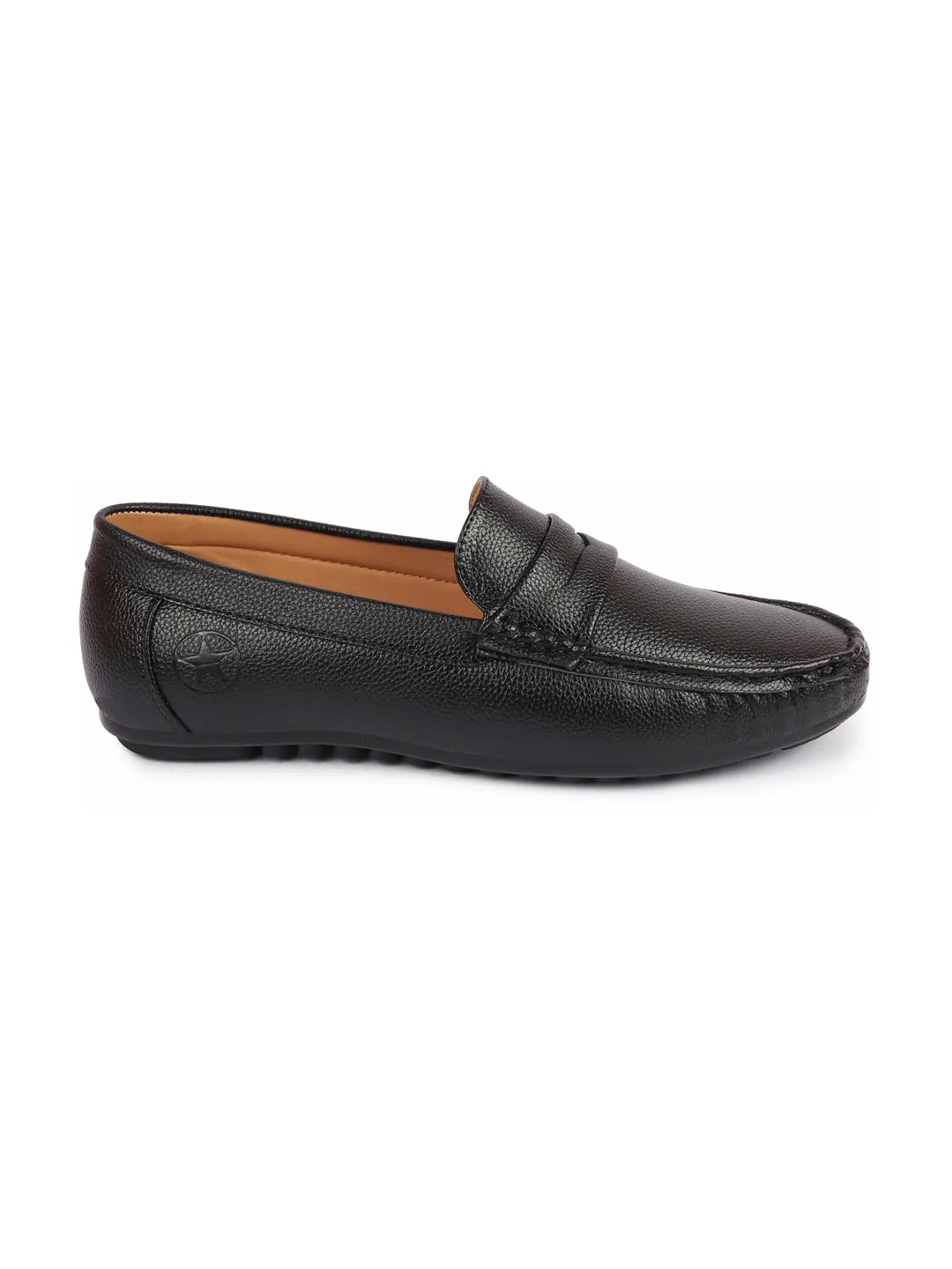 Men Black Hand Stitched Textured Design Casual Slip On Moccasins and Loafers