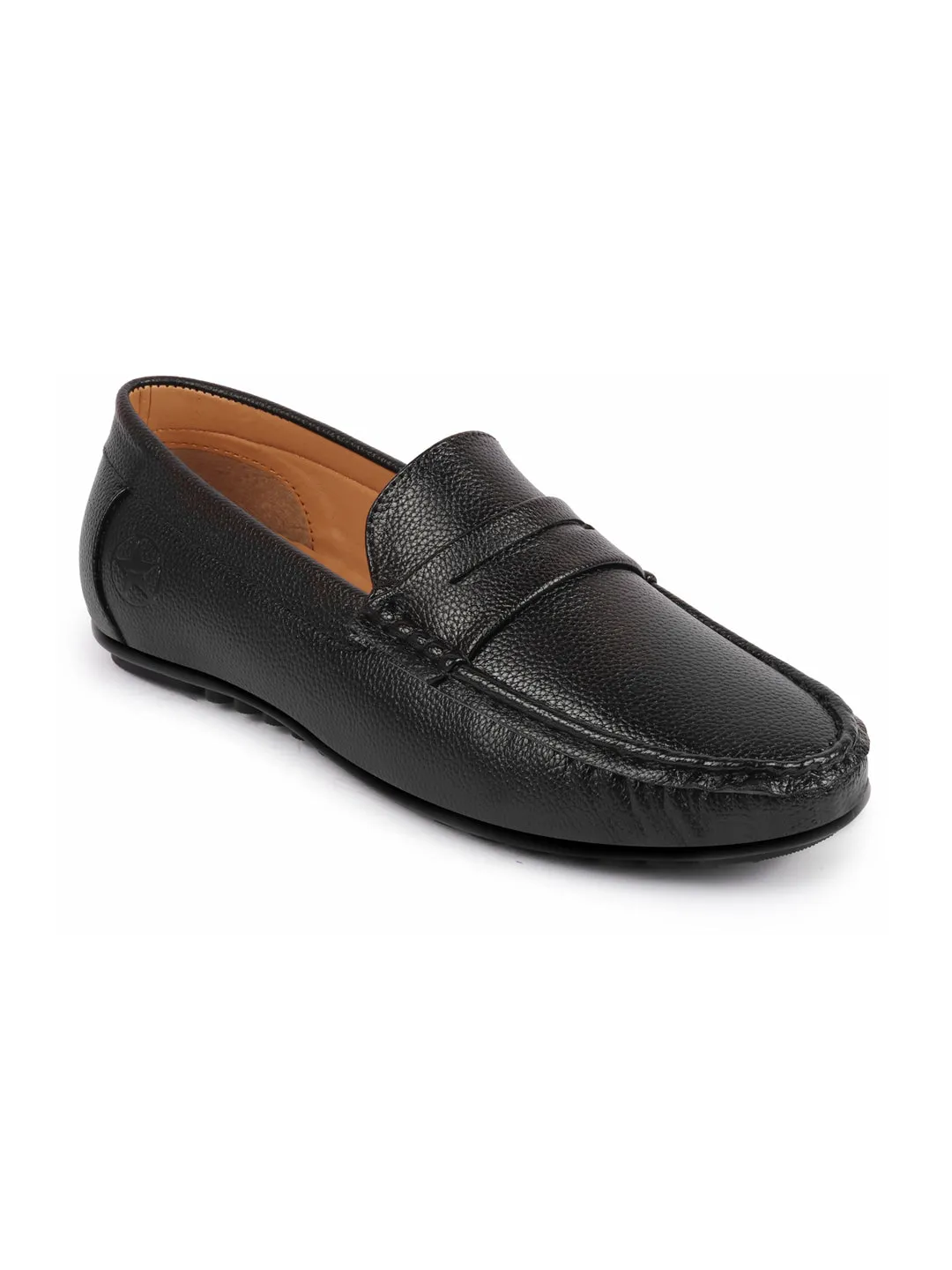 Men Black Hand Stitched Textured Design Casual Slip On Moccasins and Loafers