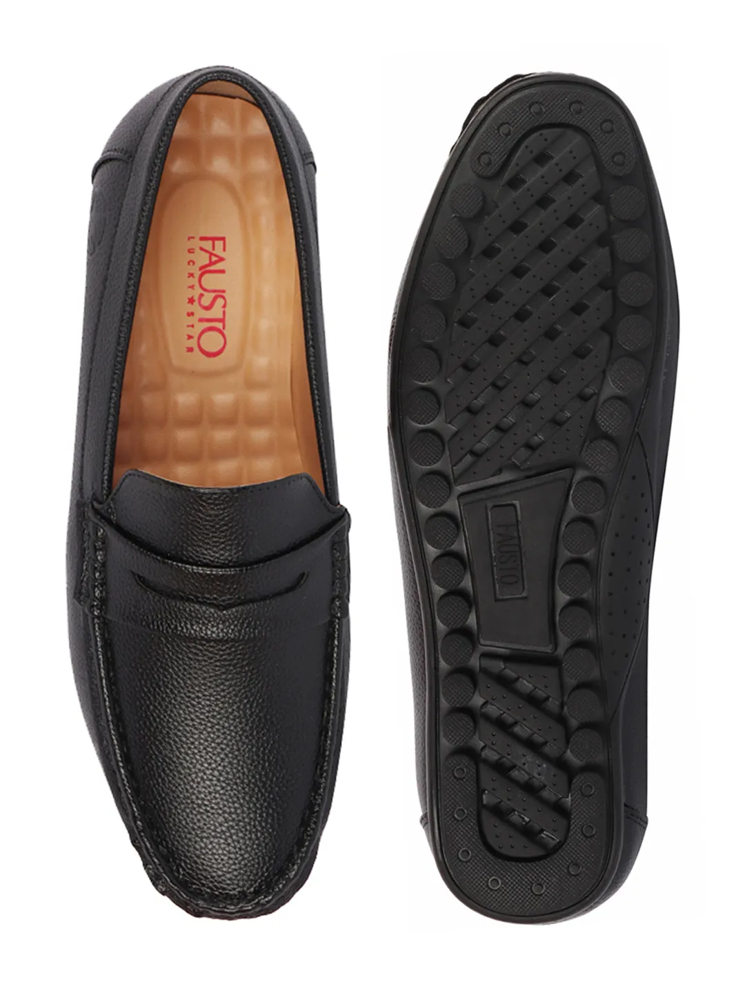 Men Black Hand Stitched Textured Design Casual Slip On Moccasins and Loafers