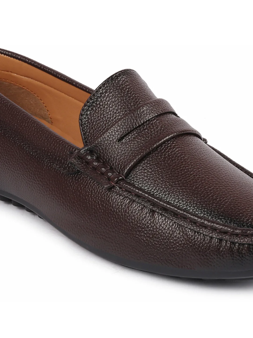 Men Brown Hand Stitched Textured Design Casual Slip On Moccasins and Loafers