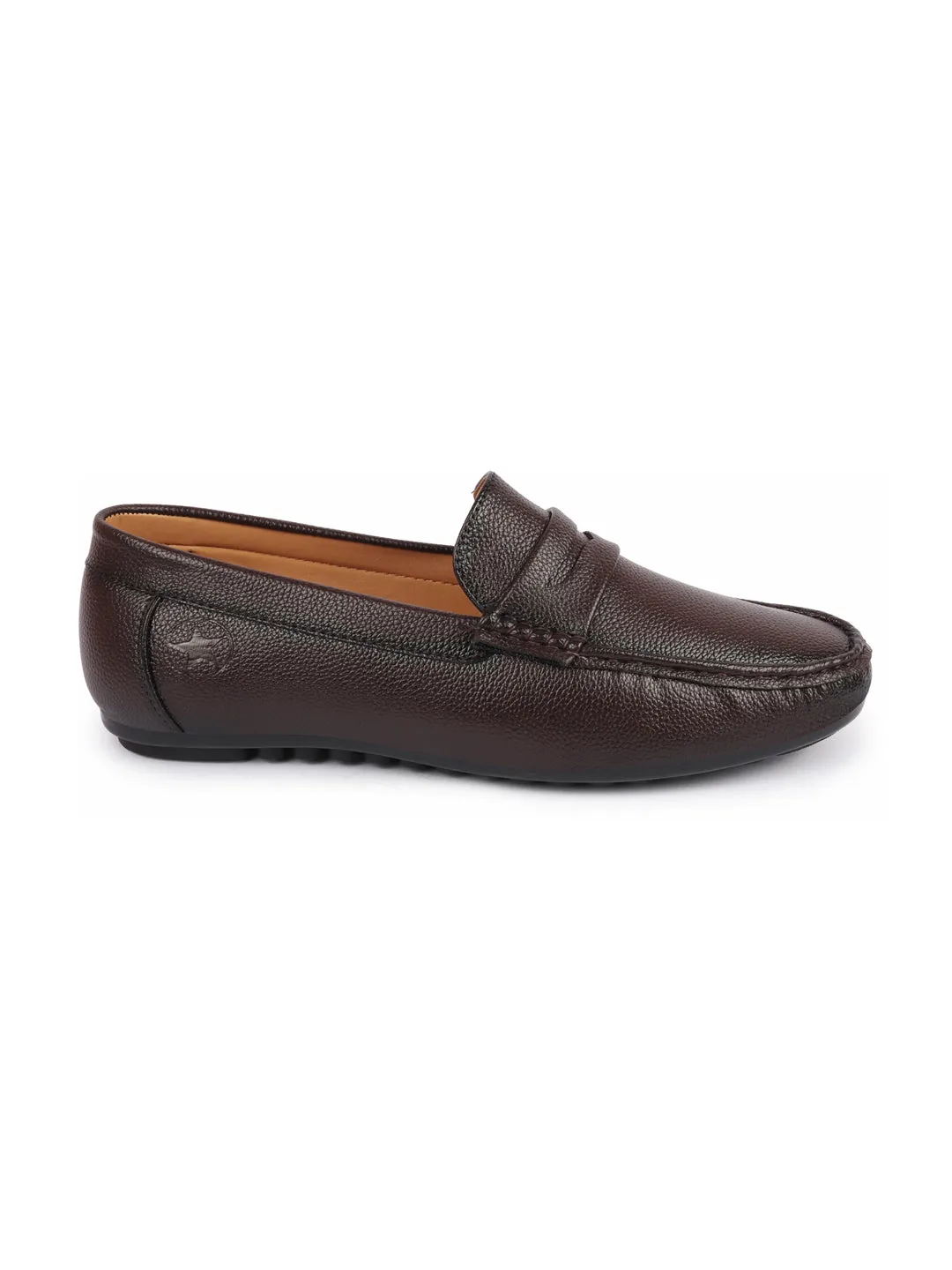 Men Brown Hand Stitched Textured Design Casual Slip On Moccasins and Loafers