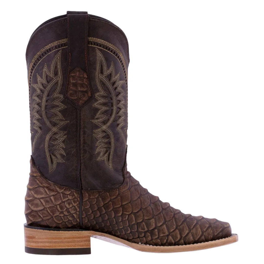 Mens Brown Western Wear Leather Cowboy Boots Snake Print Square Toe