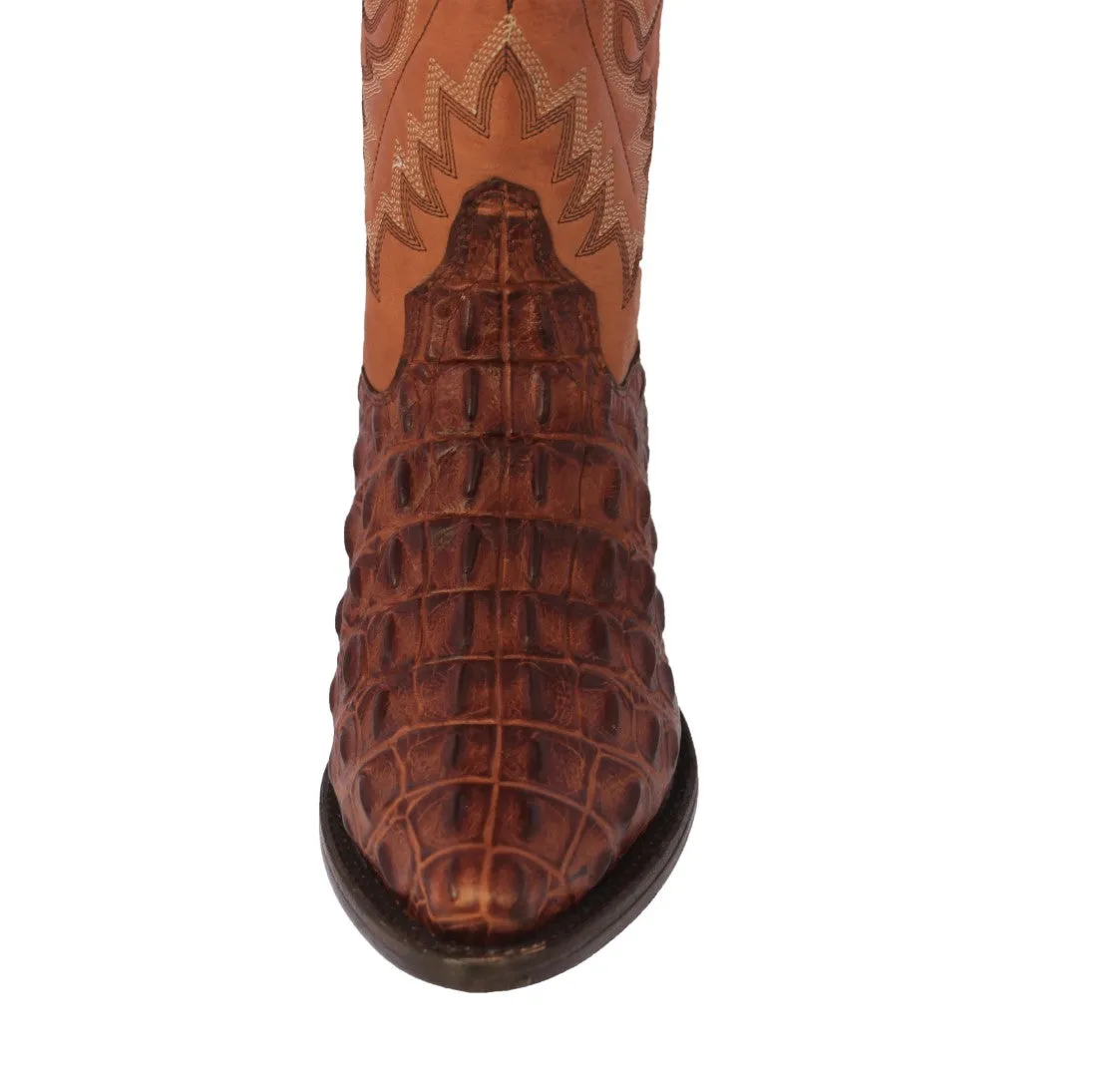 Mens Cognac Leather Cowboy Boots Alligator Back Print - J Toe