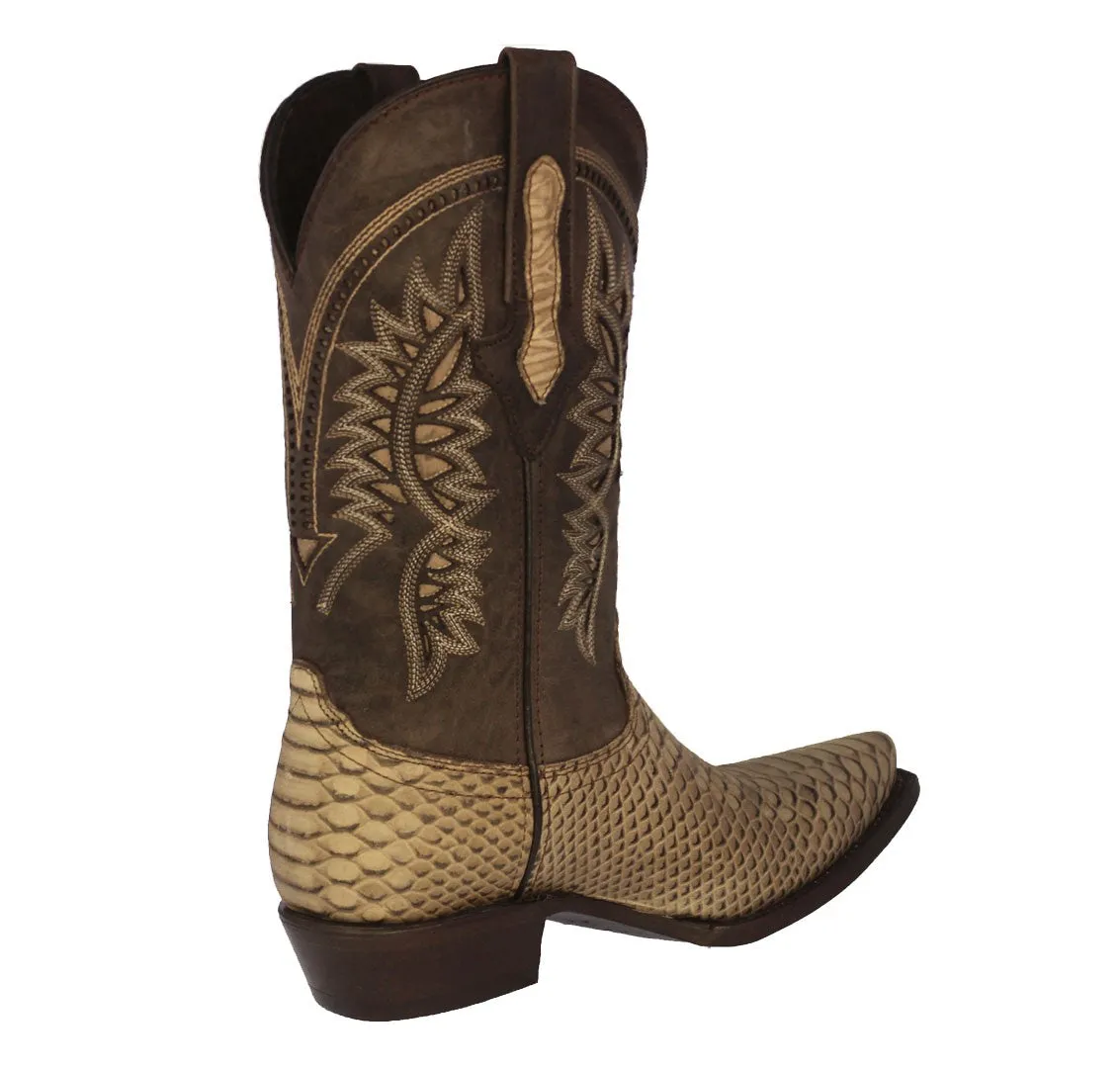 Mens Sand Snake Print Leather Cowboy Boots - Snip Toe