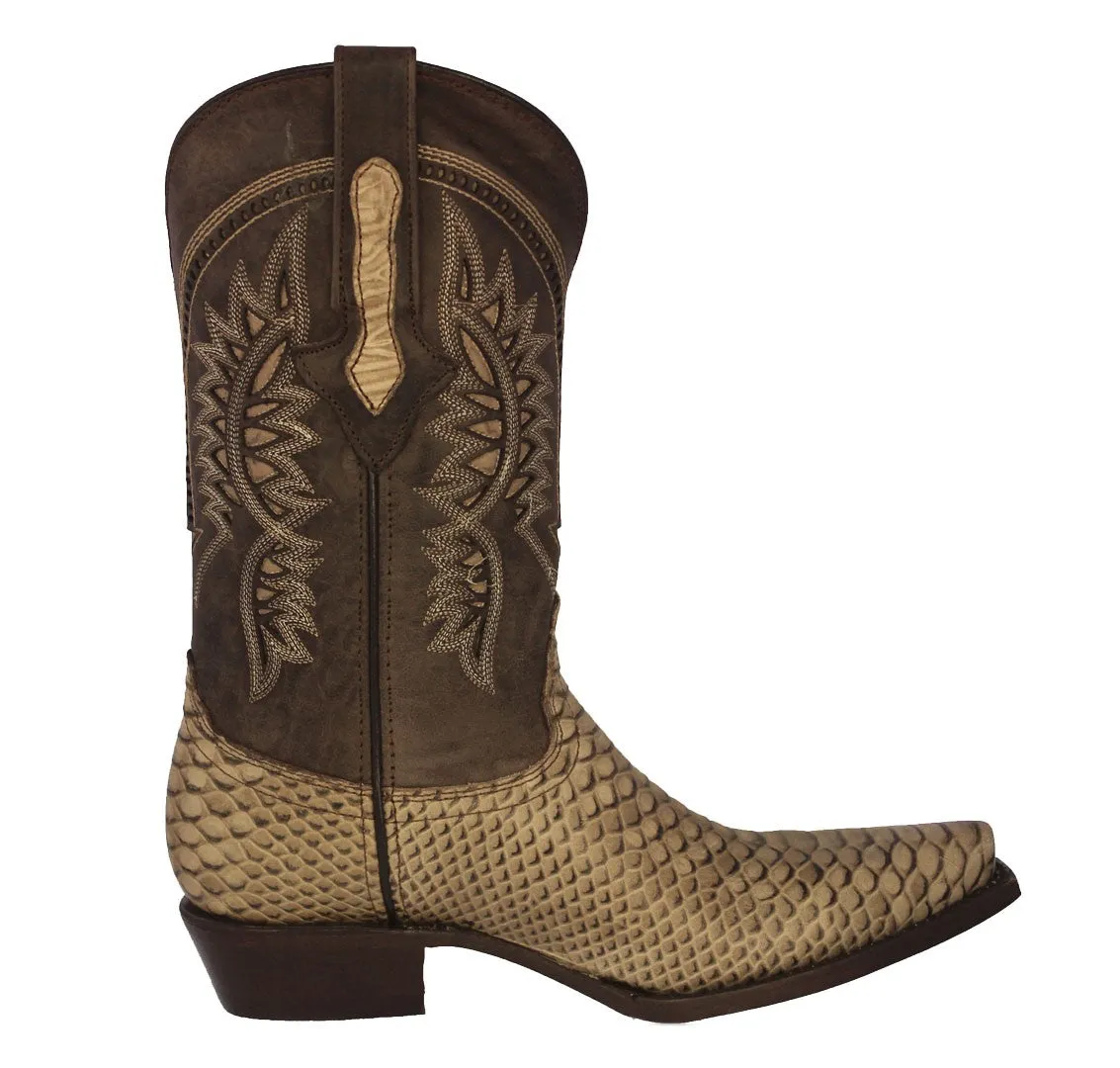 Mens Sand Snake Print Leather Cowboy Boots - Snip Toe