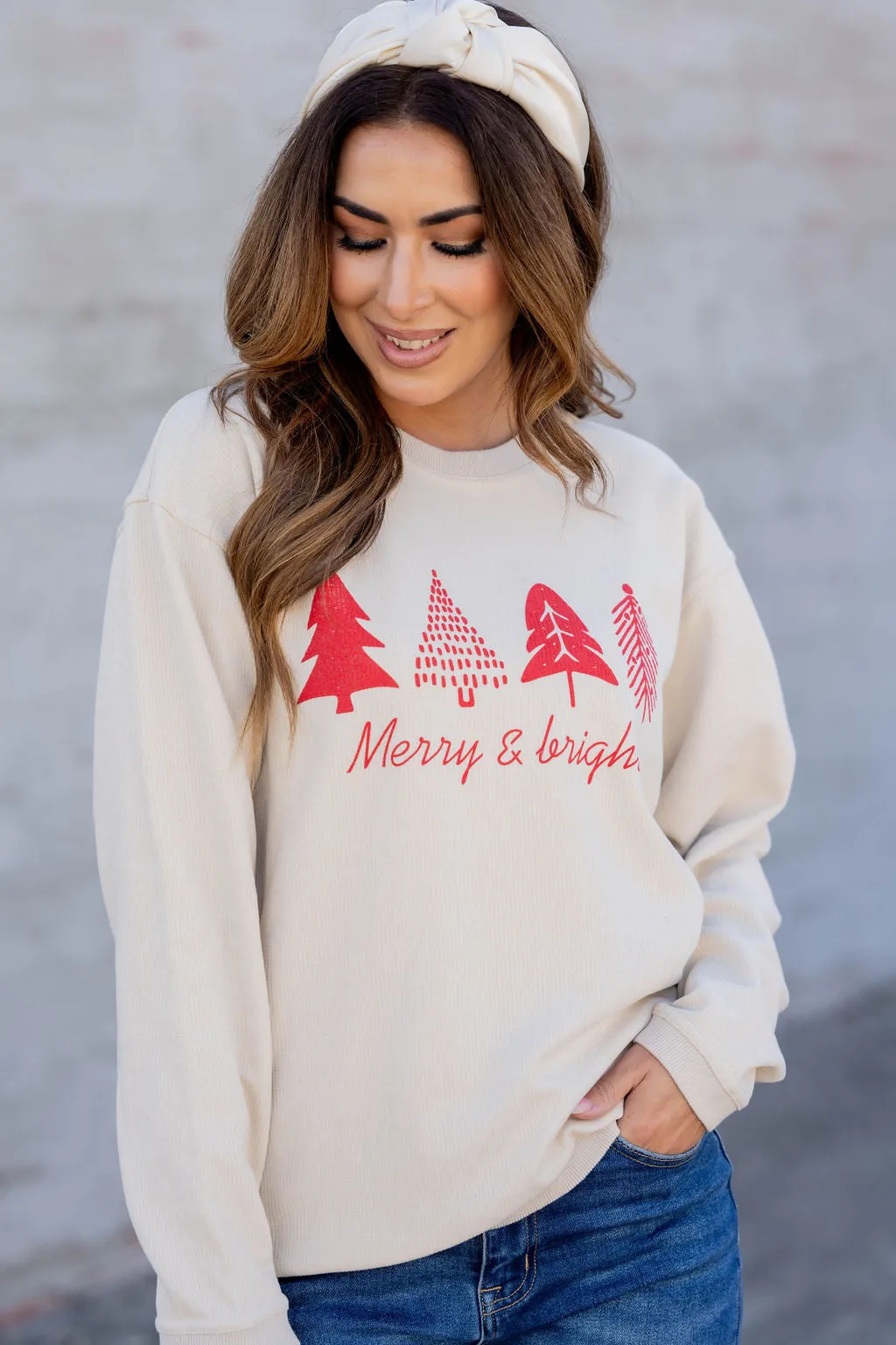 Merry & Bright Trees Ribbed Graphic Crewneck