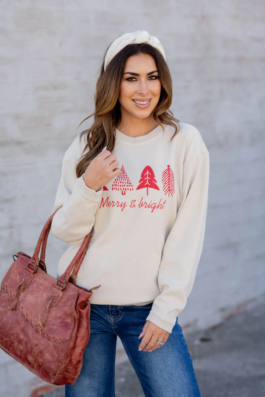 Merry & Bright Trees Ribbed Graphic Crewneck