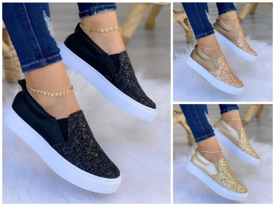 Moccasins Glitter Flat Loafers Shoes For Women Rose Gold/Black/Gold