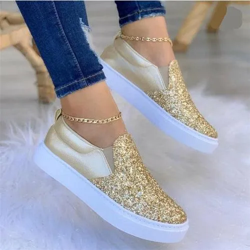 Moccasins Glitter Flat Loafers Shoes For Women Rose Gold/Black/Gold