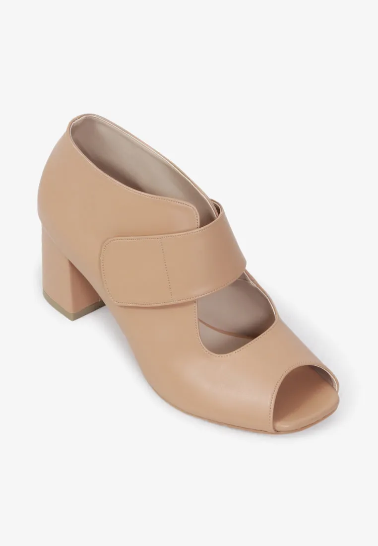 Nancy Peep Toe Velcro Strap Boots - Nude