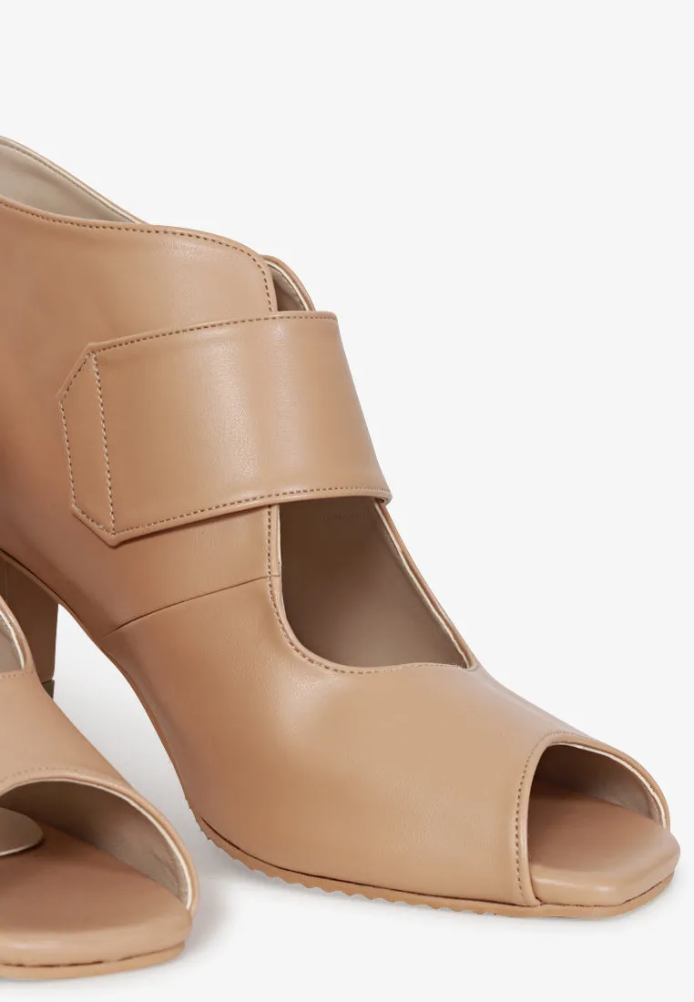 Nancy Peep Toe Velcro Strap Boots - Nude