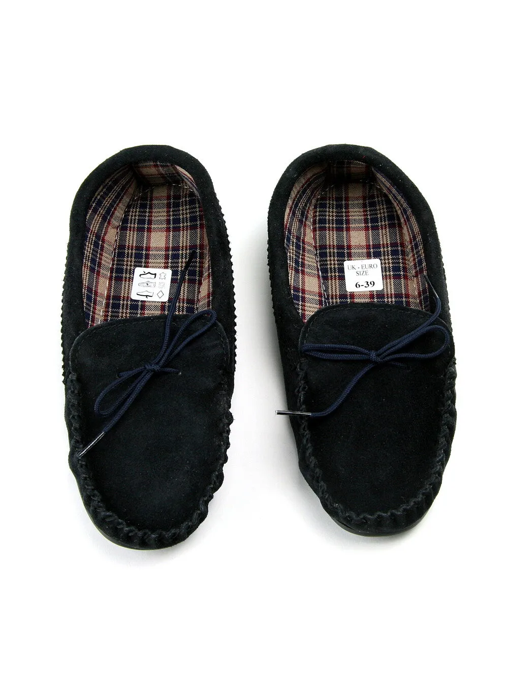 Navy Moccasins with Tartan Fabric Lining