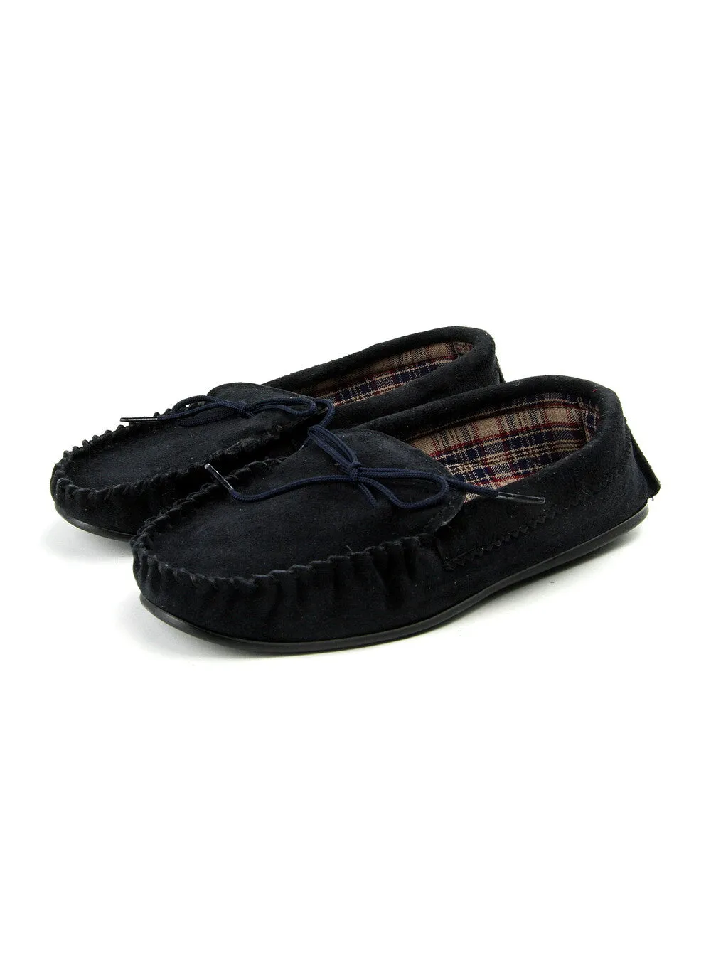 Navy Moccasins with Tartan Fabric Lining